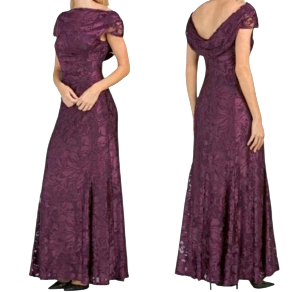 Tahari By Arthur Levine Purple Velvet Burnout Floral Draped Neck Cap Sleeve Gown